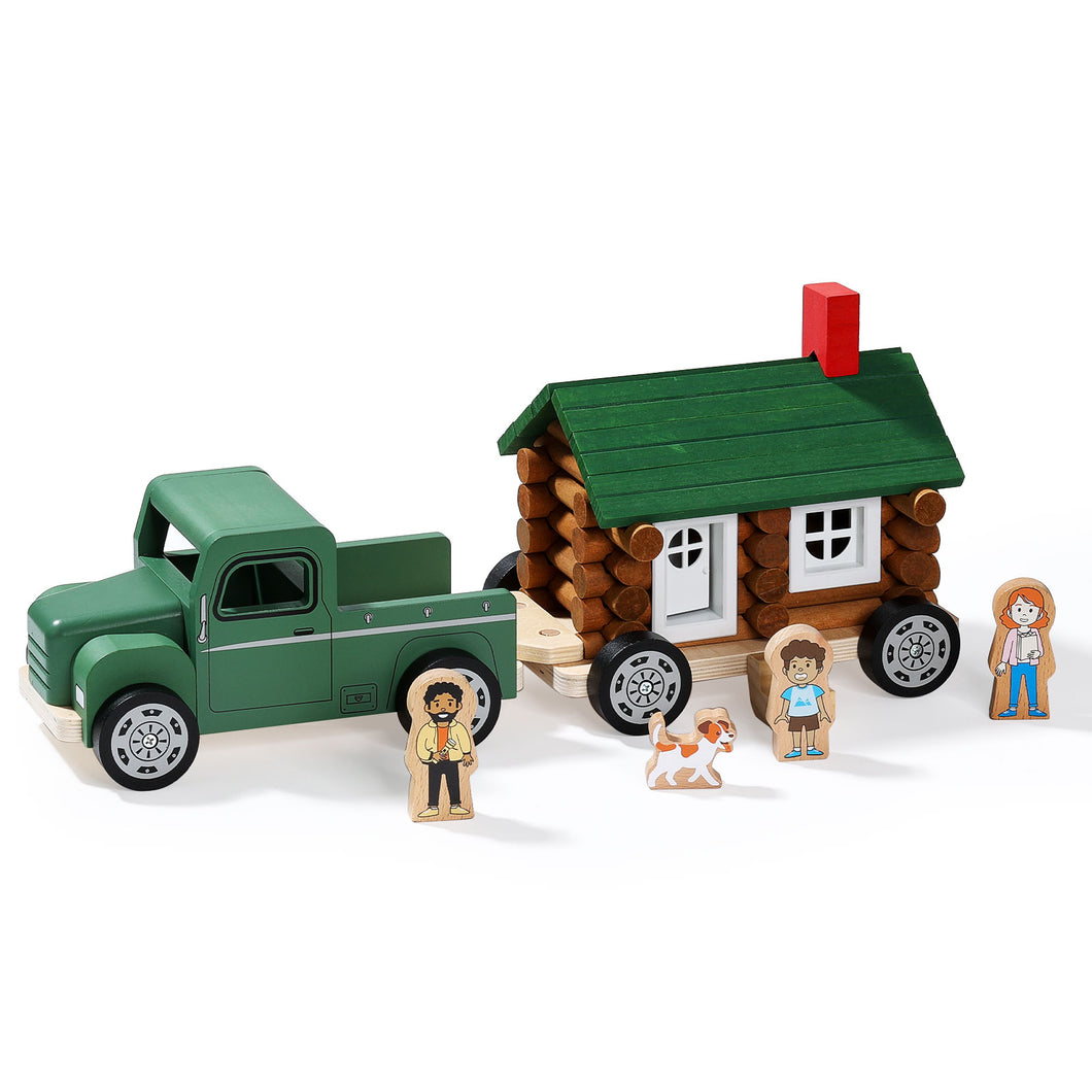 Wooden Log Cabin Set Building House Toy (54 PCS) with Wooden Truck