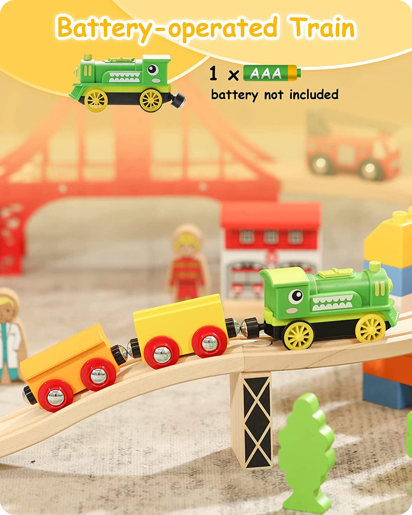 Wooden Train Set with Motorized Train and Fun Blocks 115 pcs SainSmart Jr