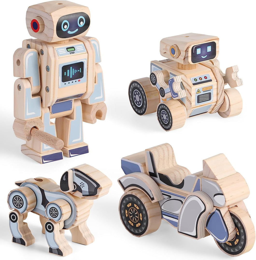 SainSmart Jr. 4-in-1 STEM Kits, Wooden Robot Assembly Toy Set