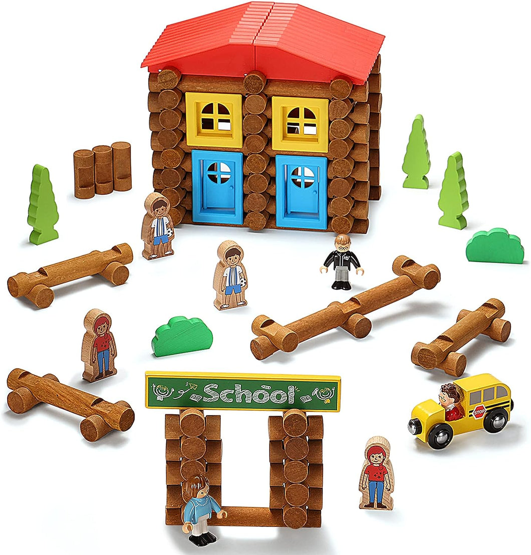 Wooden Log Cabin Set School Themed Building House Toy (125 Pcs)