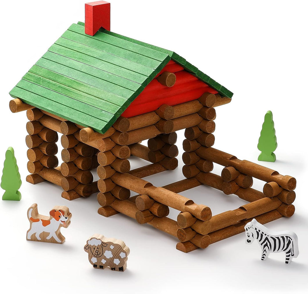 Wooden Log Cabin Set Farm Themed Building House Toy (110 pcs)