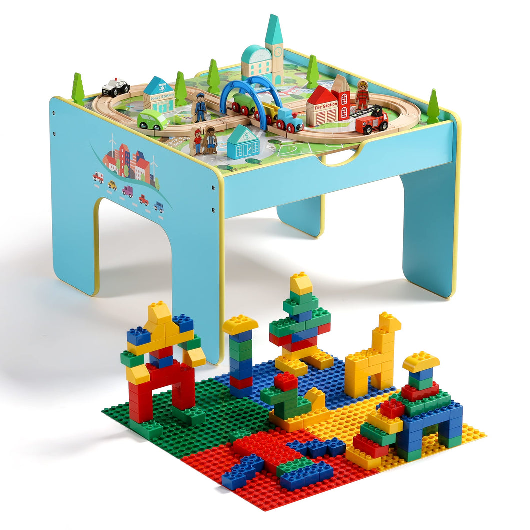 Wooden Train 3-in-1 Kids Playset with Large Building Blocks (116 pcs)