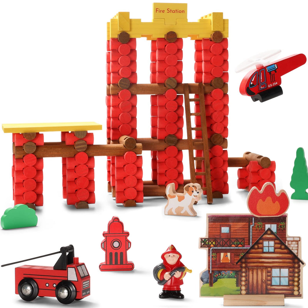 Wooden Log Cabin Set Fire Station Themed Building House Toy (236 Pcs)