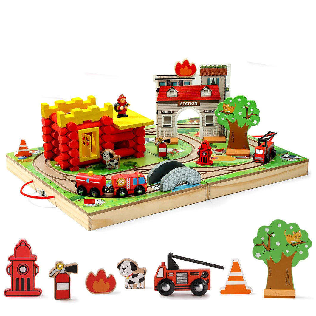 Wooden Train Set Fire Station Themed with Log Cabin Building Toys (66 pcs)