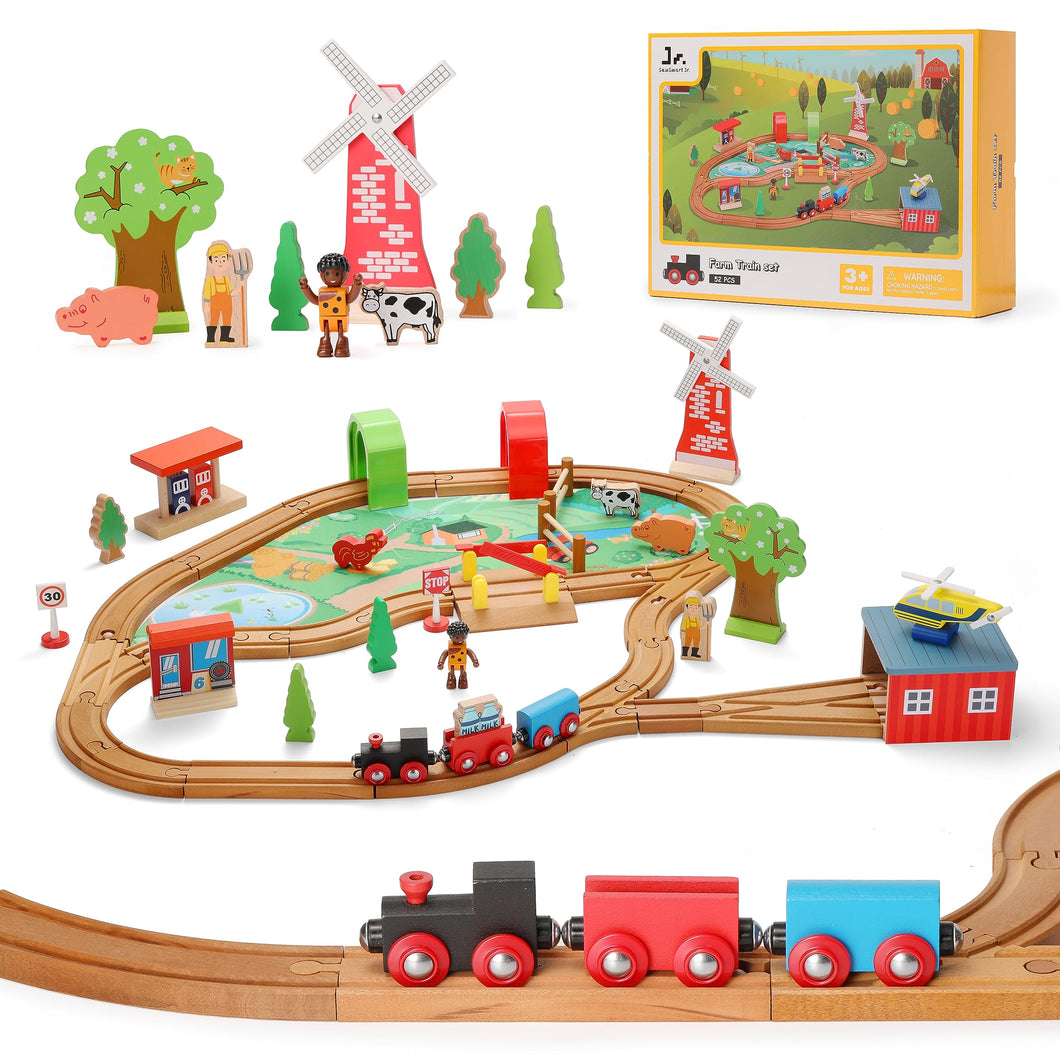 Wooden Farm Train Track Set with Warahouse & Windmill (52 pcs)