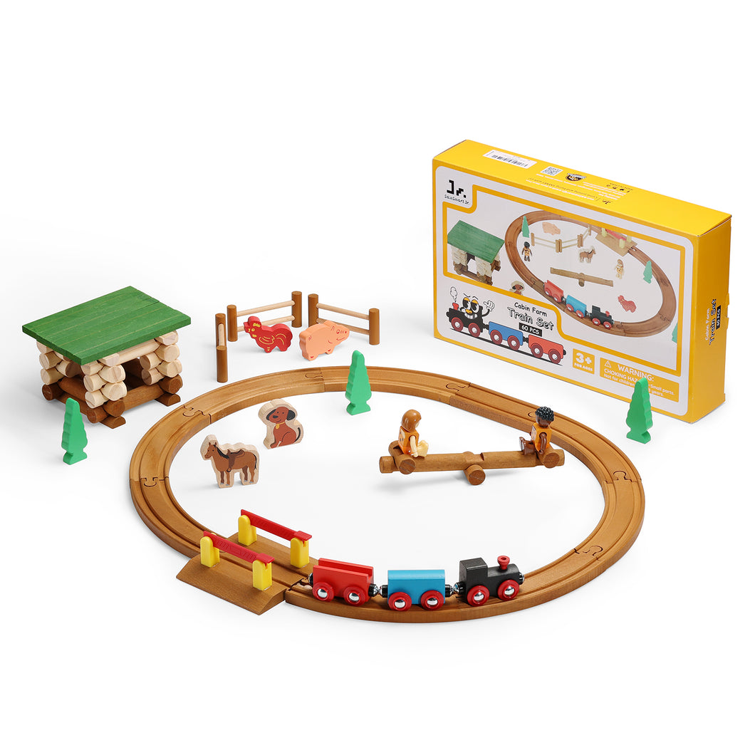 SainSmart Jr. Wooden Train Set Log Cabin Building Blocks - 60 PCS