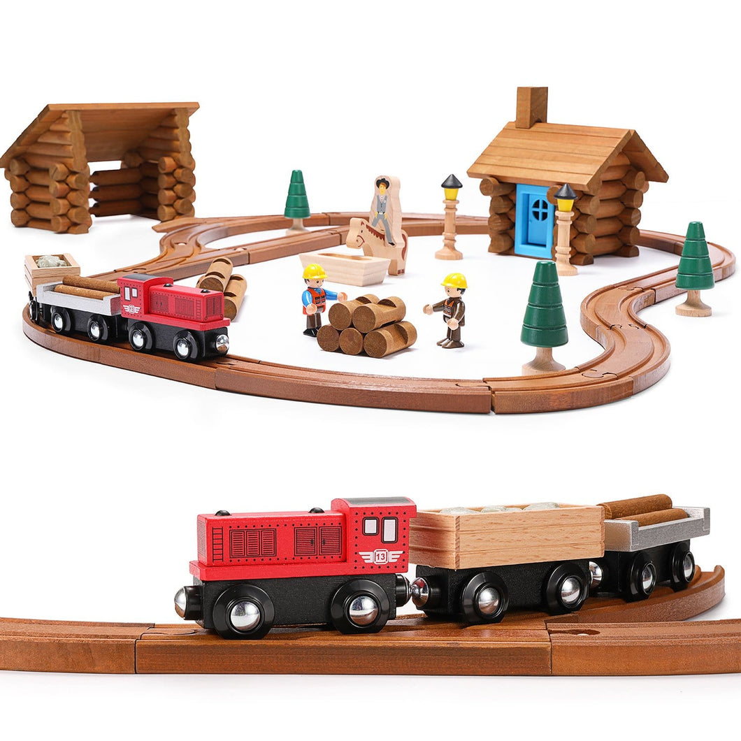 Wooden Train Set with Log Cabin Building Blocks (100 pcs)