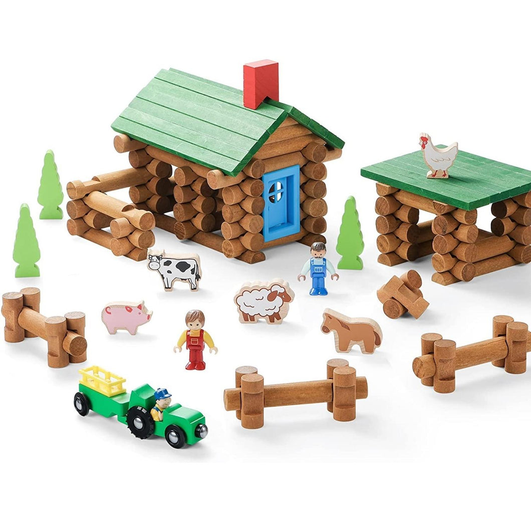 SainSmart Jr. Wooden Log Cabin Set Farm Building House Toy for Toddlers,  122 PCS Classic STEM Construction Kit with Colorful Wood Logs Blocks for 3+  Years Old
