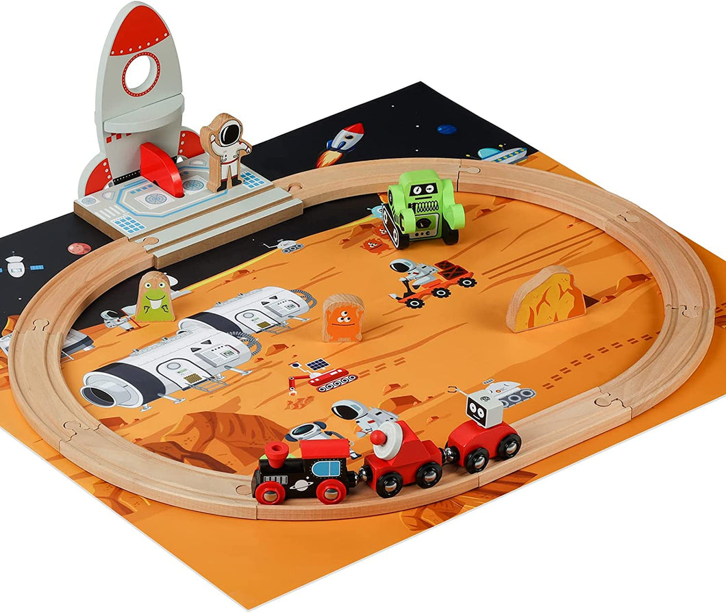 Wooden Spaceship Station Tracks with Astronaut, Alien & Helicopter Train Set (20 pcs)