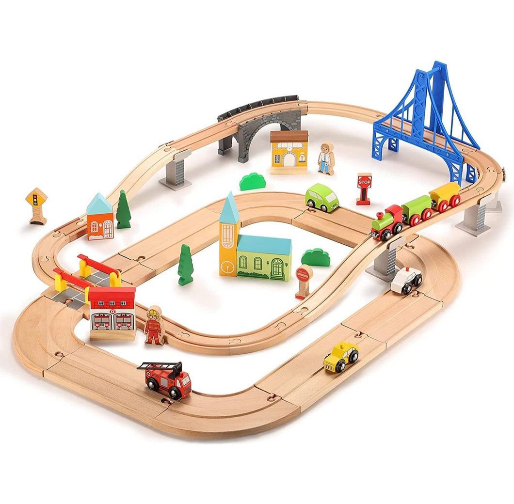 Wooden Train Set with Wood Highway and Train Track (60 pcs)